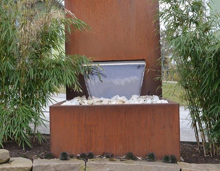 Corten Steel Waterfall Fountain With Laser Cut Screen Panel
