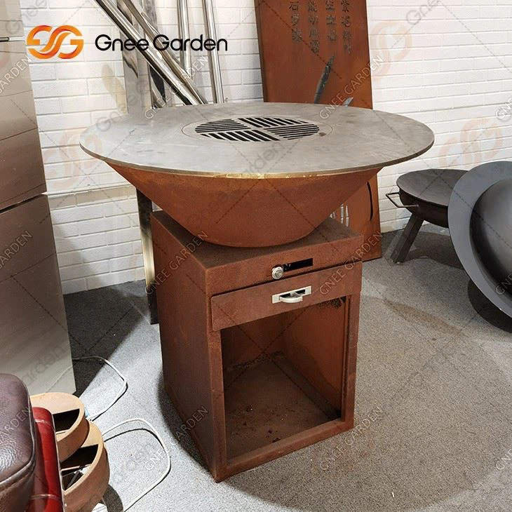 Outdoor Wood Bbq Grills Outside Garden Rectangular Corten Steel Charcoal Barbecue Grill Fire Pit With Cooking Grate